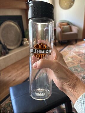 Harley-Davidson hard to find Tall Narrow GLASS Bottle w/Lid Orange/Black HD Logo